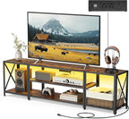 VASAGLE TV Stand with Power Outlets and LED Lights, for TVs up to 75 Inches, Entertainment Center with Open Storage Shelves, Console Table for Living Room, Rustic Brown and Ink Black ULTV122K01