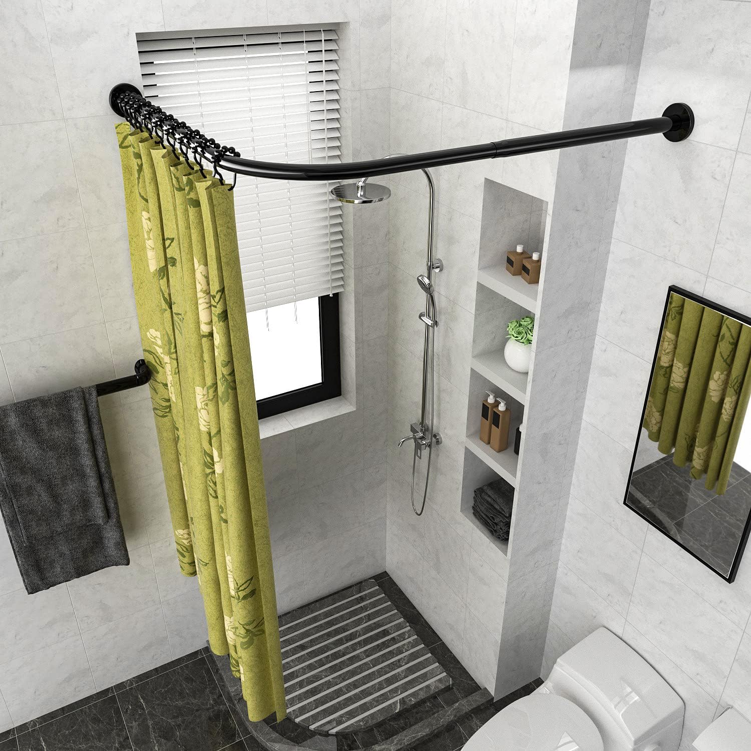 Corner Shower Curtain Rod Adjustable Stainless Steel L Shaped Rack Drill Free Install for Bathroom, Bathtub, Clothing Store (Black, 35.5"-51.2" x 35.5"-51.2")