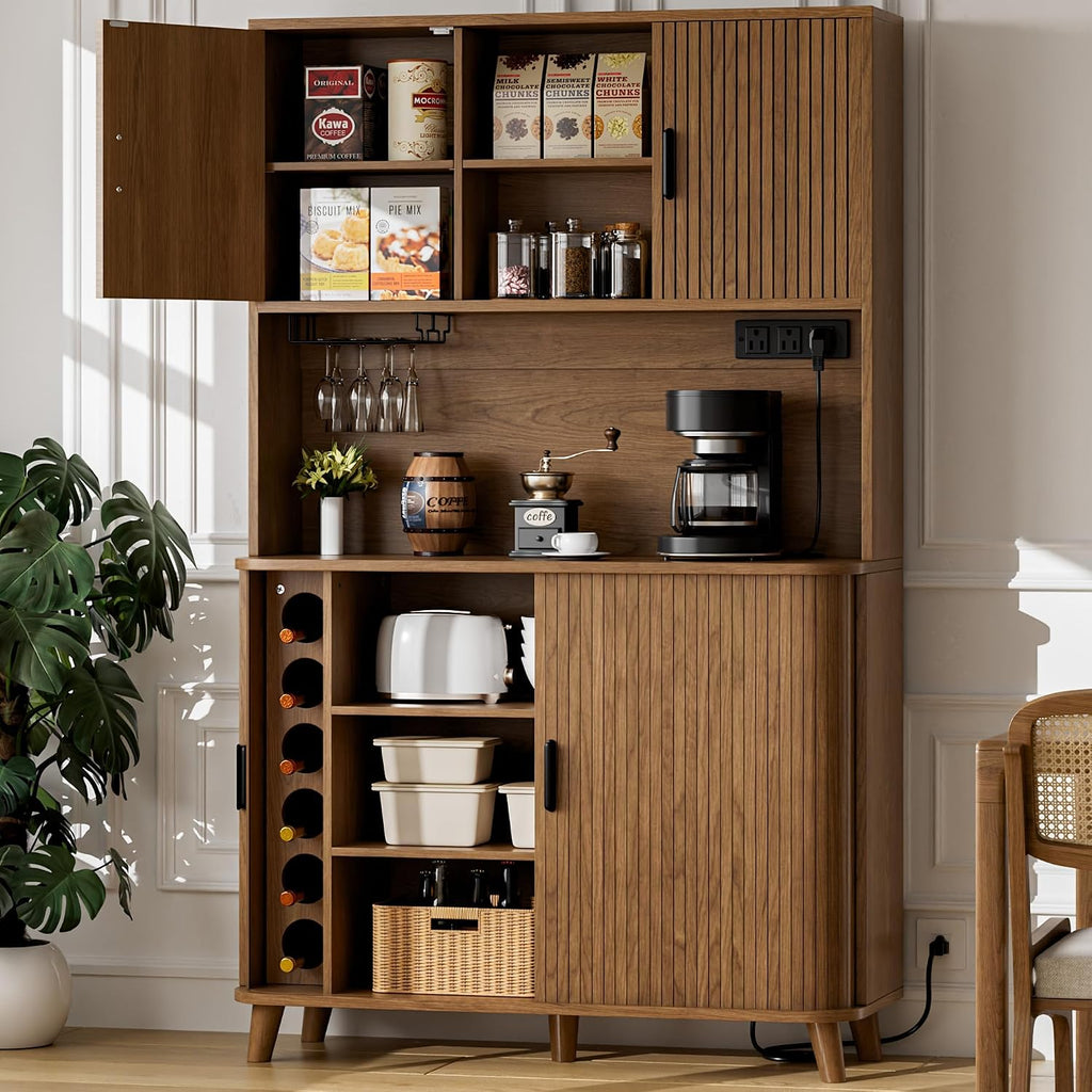 Lulive Kitchen Pantry Cabinet with Charging Station, Walnut | Rolling & Sliding Doors, Adjustable Shelves, Open Countertop, Wine Glass Rack, Modern Storage Cabinet for Dining Room