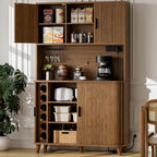Lulive Kitchen Pantry Cabinet with Charging Station, Walnut | Rolling & Sliding Doors, Adjustable Shelves, Open Countertop, Wine Glass Rack, Modern Storage Cabinet for Dining Room