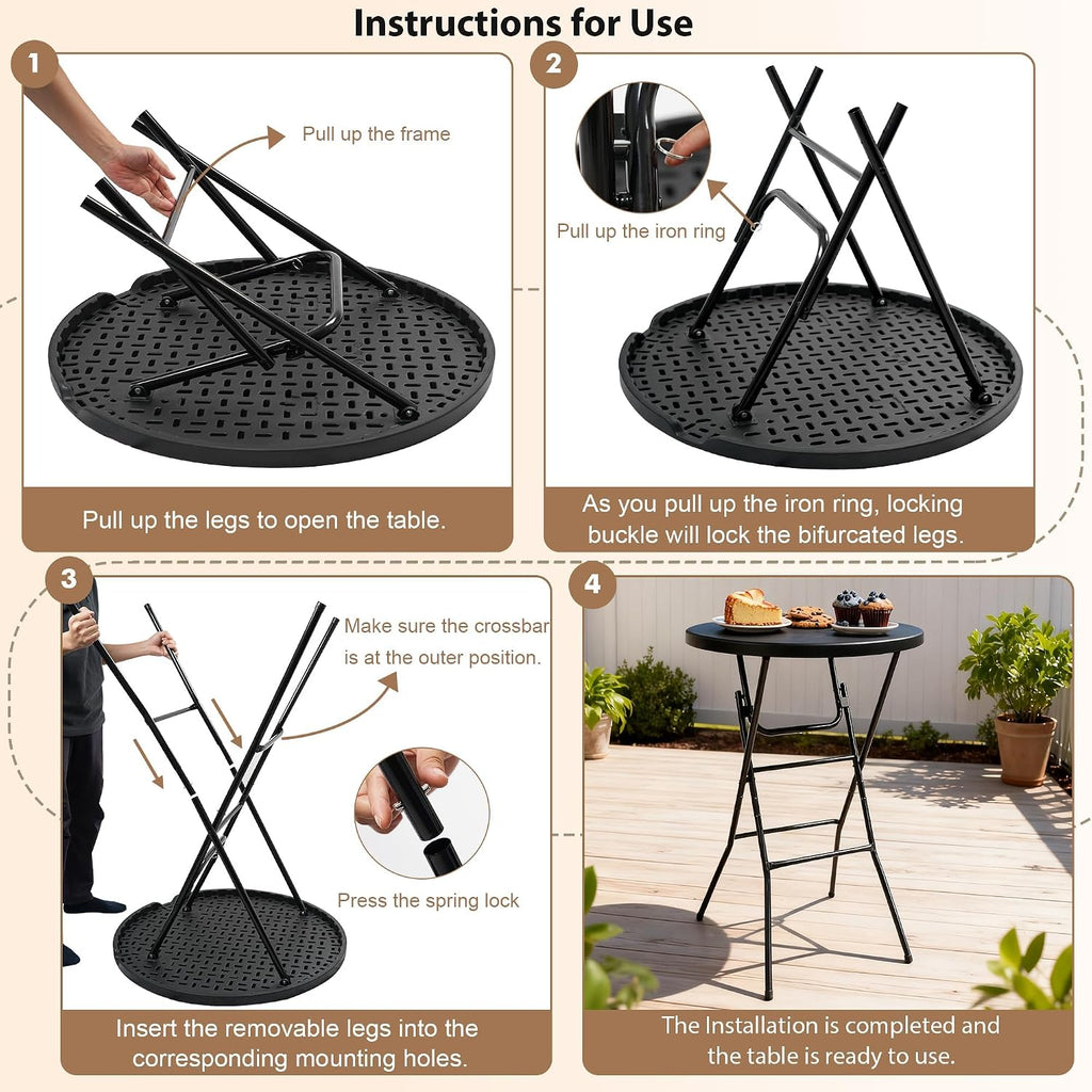 Cocktail Table, D32in x H43.3in Folding Round Cocktail Table High Top | Foldable, Removable Legs, Save Space, Easy Store, for Wedding, Party, Bar, Yard, Patio, Business Events (Black, Set of 1)
