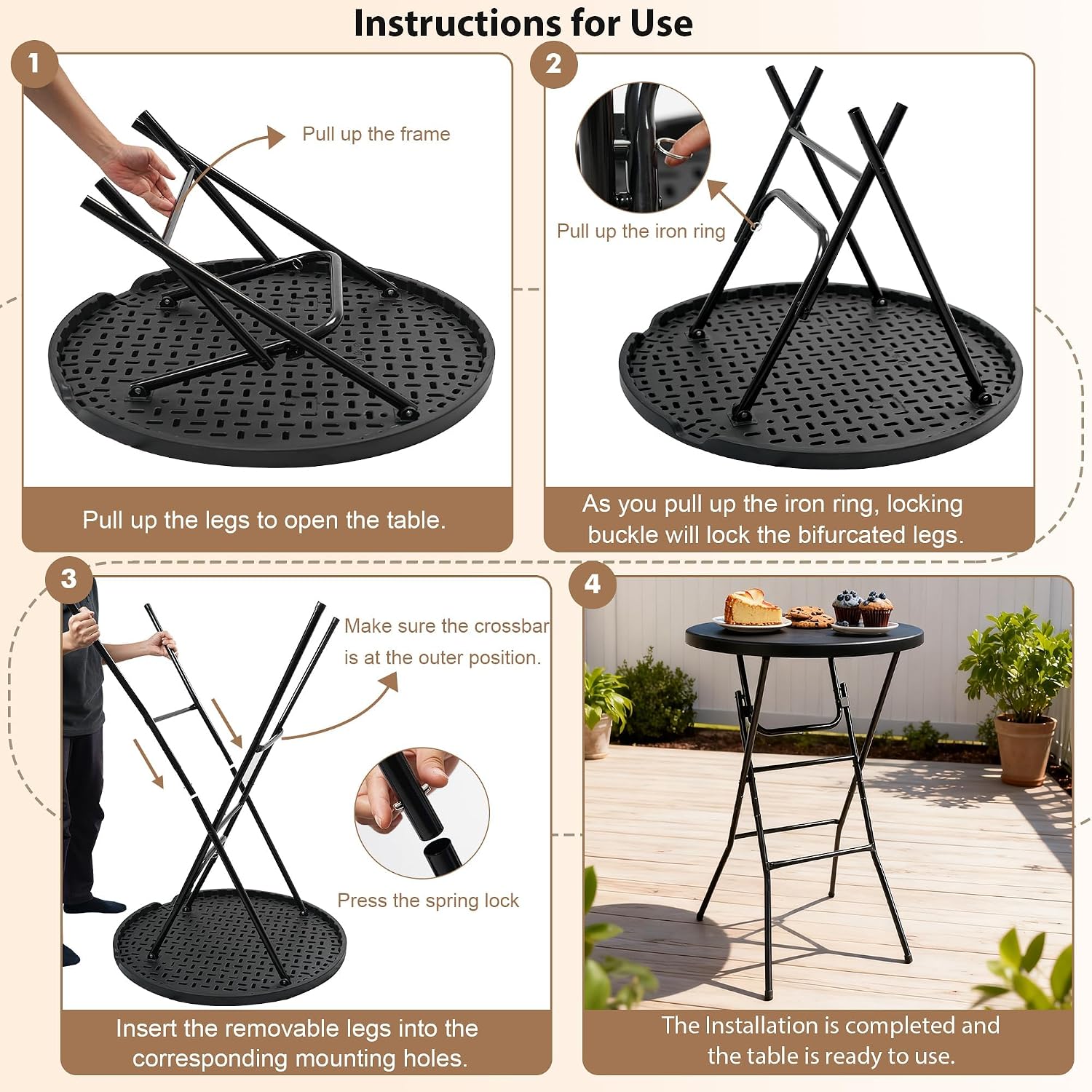 Cocktail Table, D32in x H43.3in Folding Round Cocktail Table High Top | Foldable, Removable Legs, Save Space, Easy Store, for Wedding, Party, Bar, Yard, Patio, Business Events (Black, Set of 1)