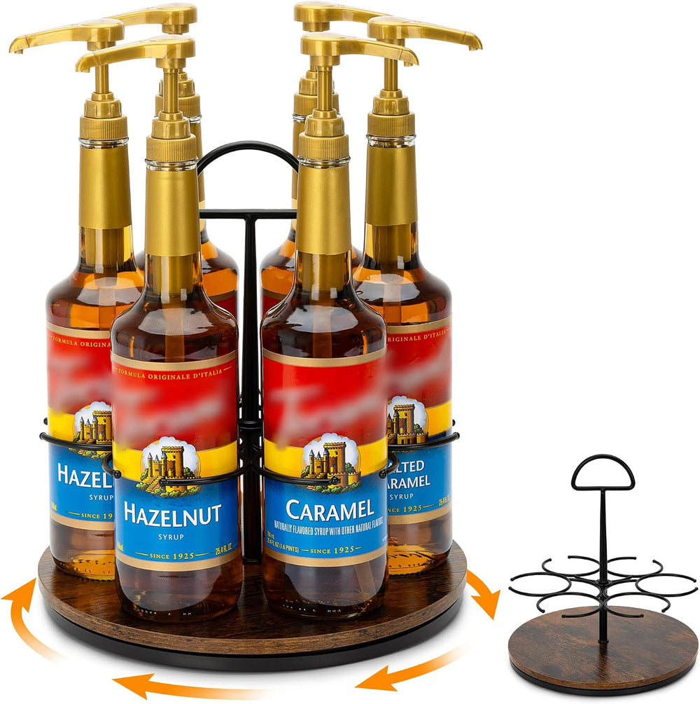 Rotating Coffee Syrup Organizer Hold 6 Bottles, Black | Wood Coffee Syrup Rac...