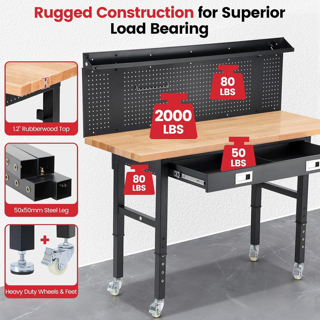 Workbench with Wheels 60 Inch Heavy Duty Rubberwood Tabletop Work Bench for Garage Adjustable Height Work Table with Pegboard, Drawers, Power Outlets for Woodworking, Home, Office, Workshop