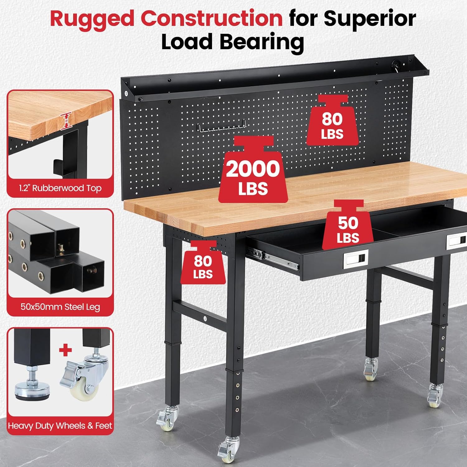 Workbench with Wheels 60 Inch Heavy Duty Rubberwood Tabletop Work Bench for Garage Adjustable Height Work Table with Pegboard, Drawers, Power Outlets for Woodworking, Home, Office, Workshop