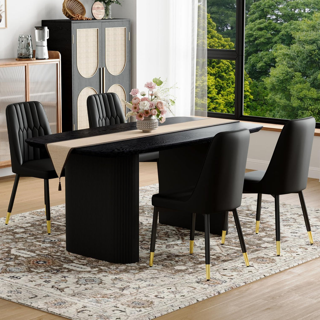 TesNus Modern Dining Table Set for 4, 67'' Black Dining Table Set with 4 Upholstered Metal Chairs, 3.5'' Oval Wood Top and Matte Black Pedestal Base, Rounded Corners Kitchen & Dining Room Table Set