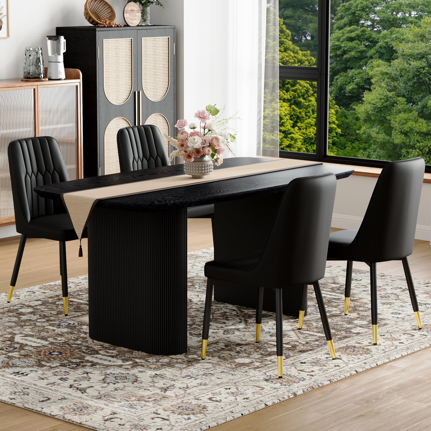 TesNus Modern Dining Table Set for 4, 67'' Black Dining Table Set with 4 Upholstered Metal Chairs, 3.5'' Oval Wood Top and Matte Black Pedestal Base, Rounded Corners Kitchen & Dining Room Table Set