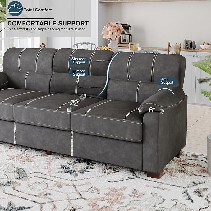80 Inch Dark Grey Faux Leather Sofa Couch - Wide Armrests with 2 Pillows, Deep Seats, Contrast Stitching, 3 Seater Leather Couches for Living Room, Bedroom, Apartment