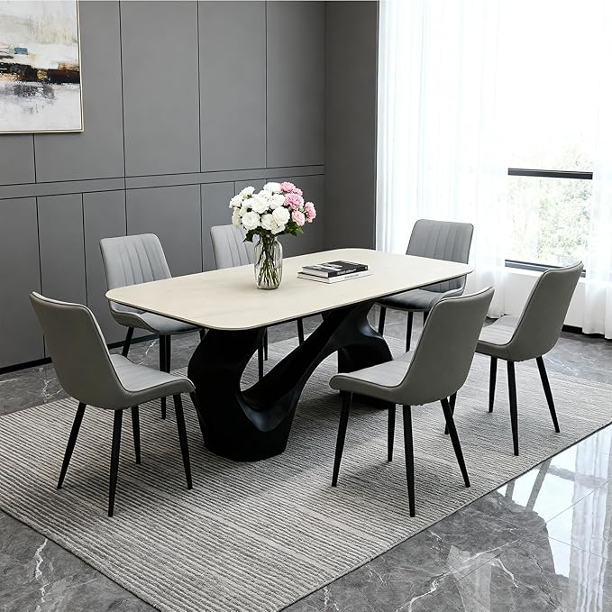 Dining Chairs Set of 6, Leather Modern Kitchen & Dining Room Chairs, Comfortable Upholstered Kitchen Chairs with Metal Legs Armless Side Chairs for Kitchen Restaurant, Light Grey & Dark Grey