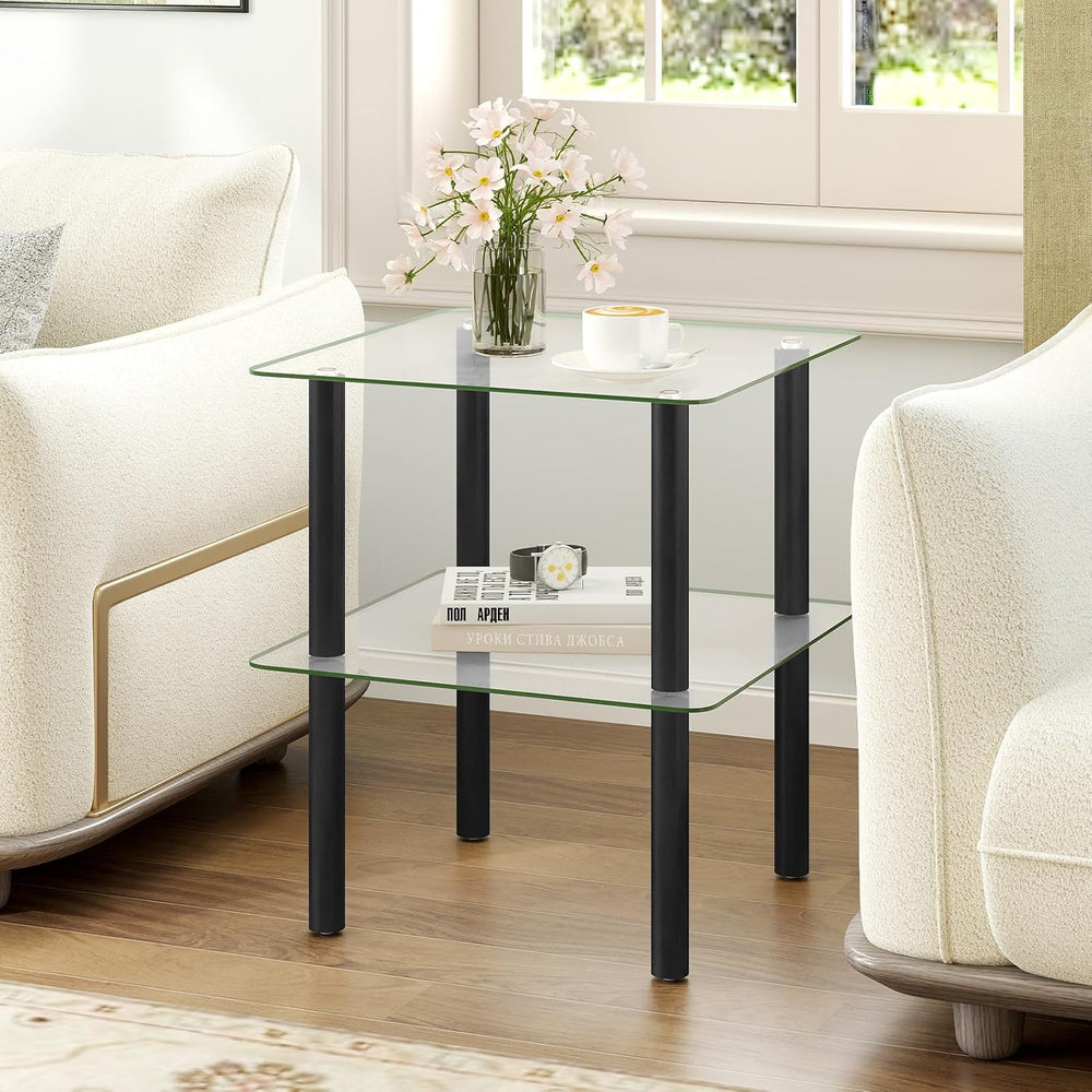Giantex Square End Table, 2-Tier Sofa Side Table with Clear Tempered Glass To...