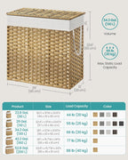 SONGMICS Laundry Hamper with Lid, 130L Clothes Hamper with 2 Removable Liner Bags, 6 Mesh Bags, Wicker Laundry Basket, Double Laundry Hamper for Bathroom, 13 x 26 x 23.6 Inches, Natural ULCB253N01