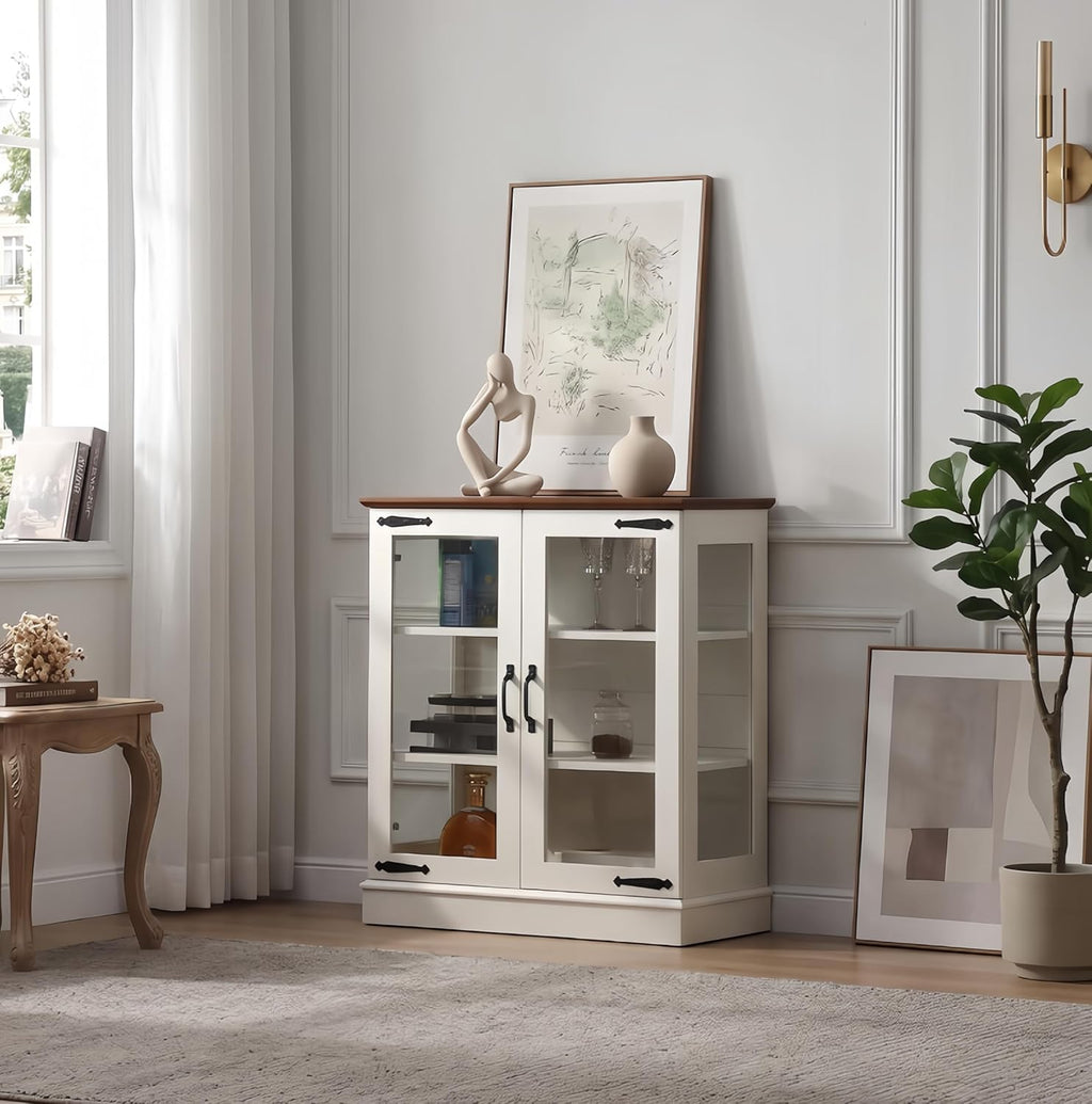FOREST GRAVITY 31.5'' Small Display Buffet Cabinet with Glass Doors for Great Showcase,Small Coffee bar Cabinet with one Adjustable Shelf and one Fixed Shelf,Modern Sideboard Buffet for Kitchen,White