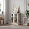 FOREST GRAVITY 31.5'' Small Display Buffet Cabinet with Glass Doors for Great Showcase,Small Coffee bar Cabinet with one Adjustable Shelf and one Fixed Shelf,Modern Sideboard Buffet for Kitchen,White