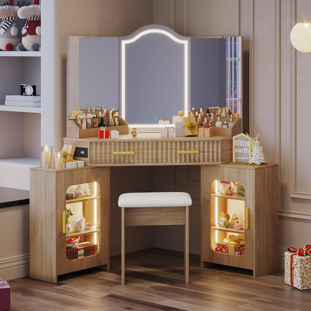 Corner Vanity Desk with 3 Way Mirror & LED Lights, Makeup Table Set with ...