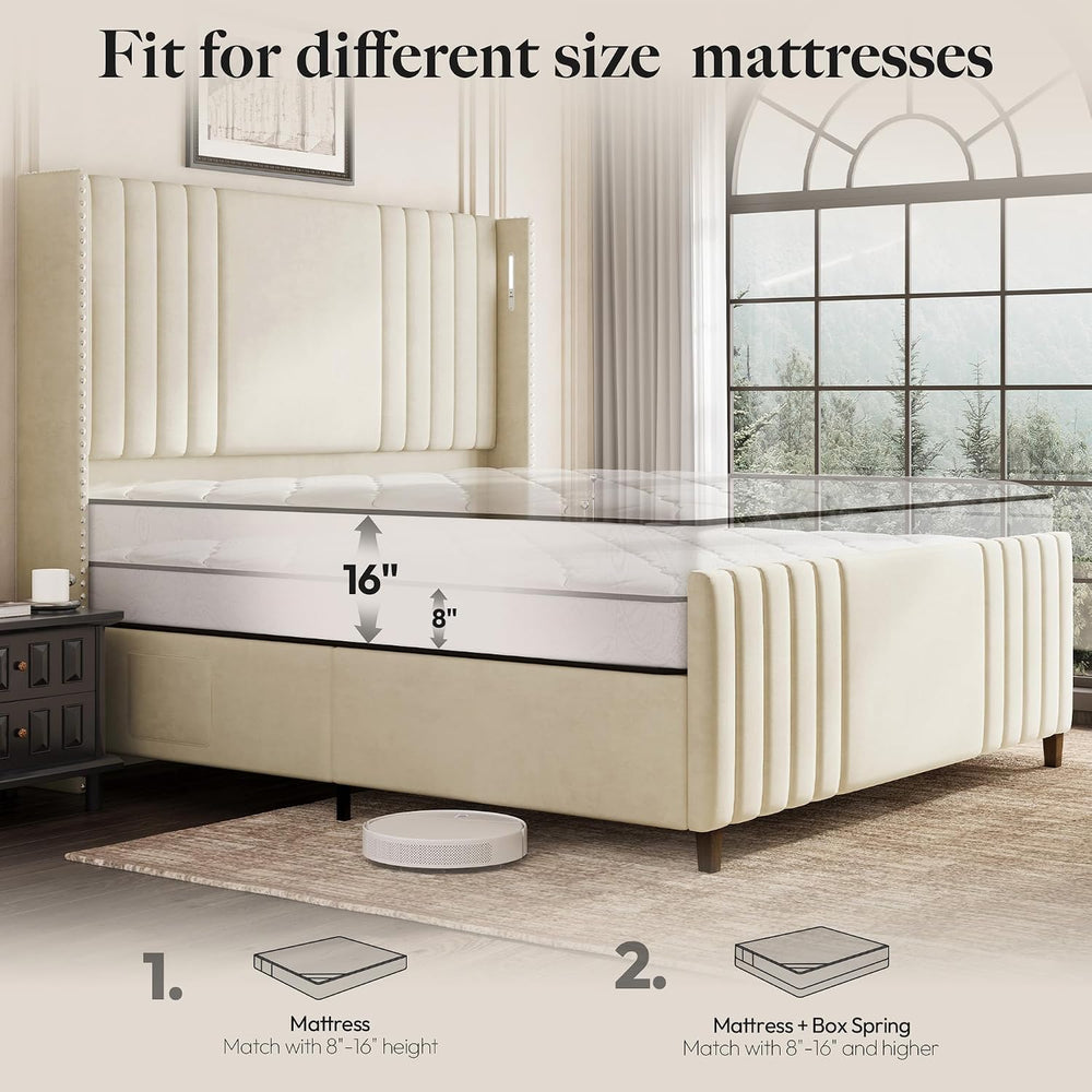 Belffin 59" Tall Queen Size Platform Bed Frame with 2 Touch Lights, Beige