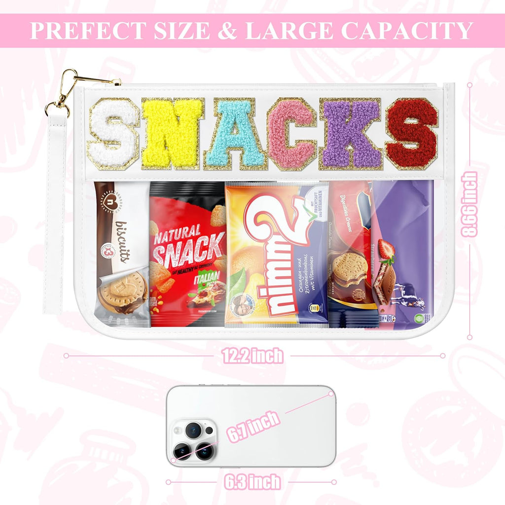 Snack Bag for Travel & Makeup - Clear Chenille Letter Zipper Pouch, Waterproof Cosmetic Tote Bag for Women & Girls (White)