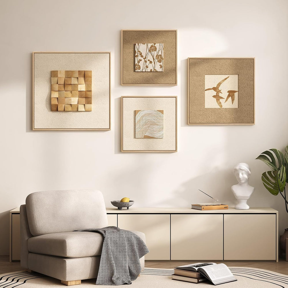 Large Framed 3D Textured Wood Wall Art 4 for Living Room, Neutral Set of 4