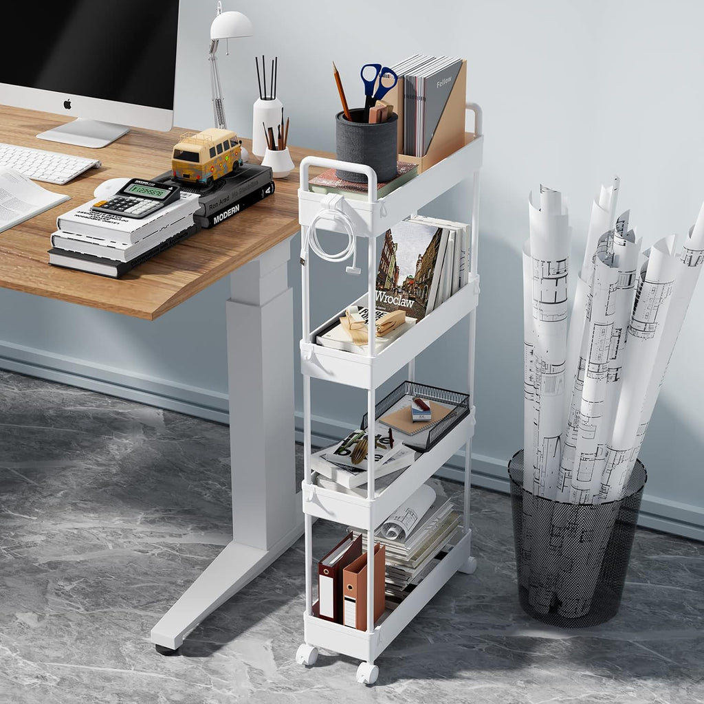 SOLEJAZZ Slim Rolling Storage Cart with Wheels 4 Tier Skinny Bathroom Storage Organizer Narrow Shelf Unit Thin Laundry Room Utility Cart for Bedside Kitchen Office Next to Fridge Small Places, White