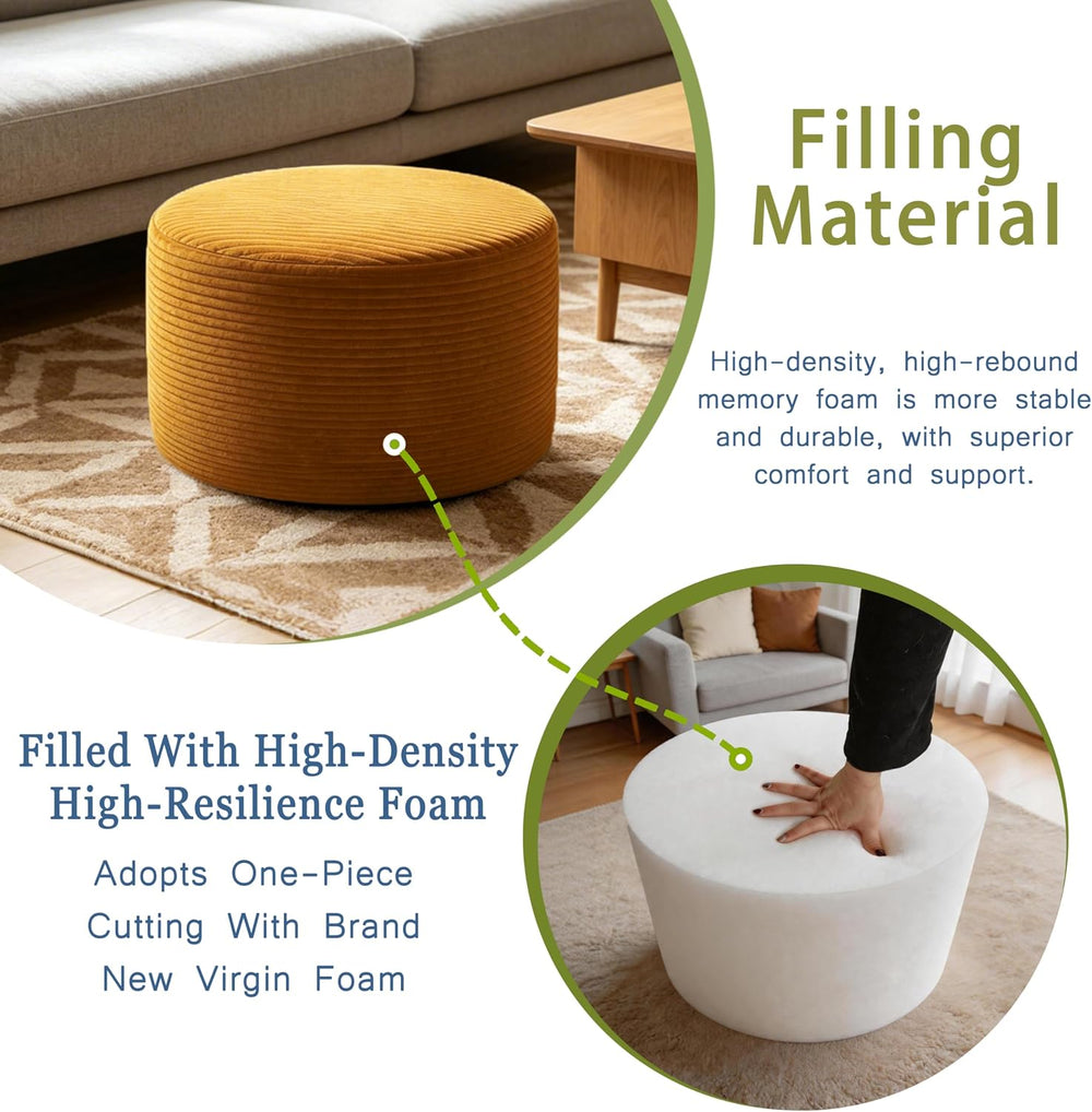 Thgonwid Round Ottoman Pouf, Plush Corduroy Foot Stool with High-Density Memo...