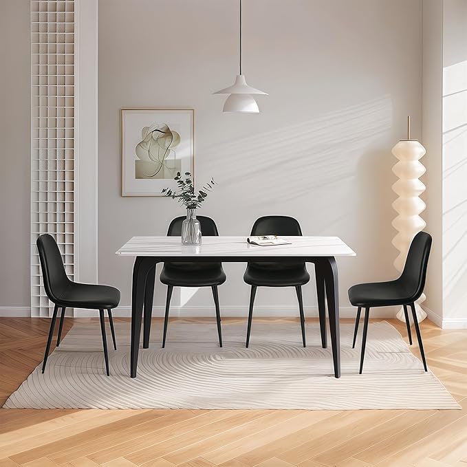 CangLong Black Dining Chairs, Modern Faux Leather Upholstered Kitchen Chairs Armless Accent Chairs with PU Leather Backrest & Metal Legs for Dining, Living & Meeting Room, Set of 4