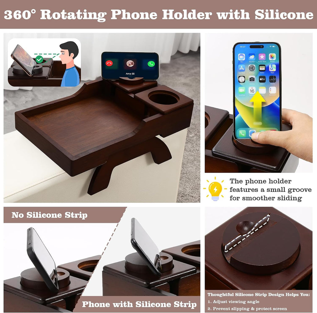 GHKINMAL Couch Cup Holder Tray, 15.4"x9.9" Large 4 in 1 Couch Armrest Table with 360°Rotated Phone Holder, Non-Slip Clip on Side Table for Drinks/Remote/Snacks, Ideal Gift for Husband, Wife, Parents