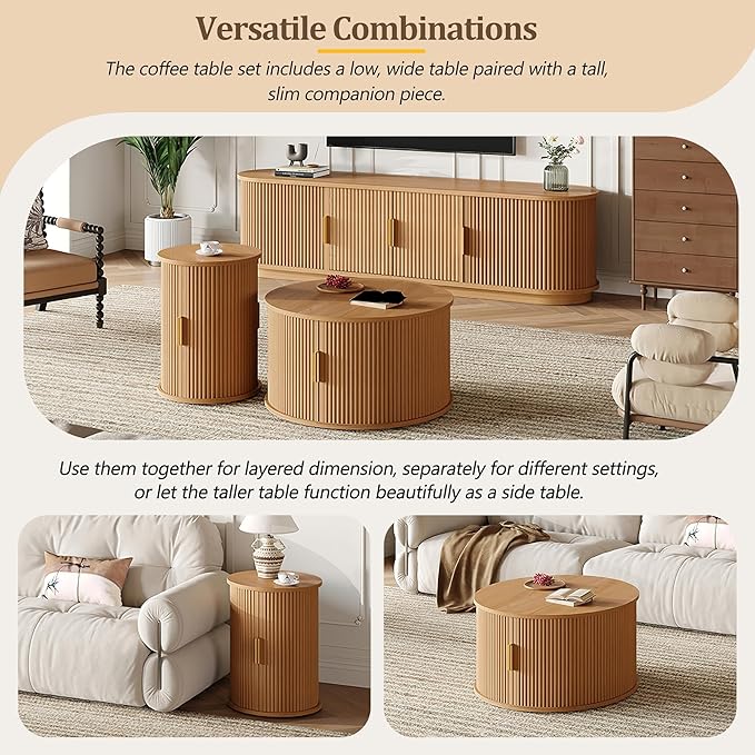 Wooden TV Stand & Coffee Table Set with Fluted Sliding Door for TVs up to 75", Golden Handles Media Console with Cable Hole, Farmhouse Round Center Table for Living Room, Natural, Teak