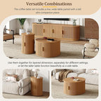 Wooden TV Stand & Coffee Table Set with Fluted Sliding Door for TVs up to 75", Golden Handles Media Console with Cable Hole, Farmhouse Round Center Table for Living Room, Natural, Teak
