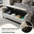 Storage Bench, End of Bed Bench with Pull Ring Design | 63" Velvet End of Bed Bench, Rolled Arm,Button Tufted Design, Large Storage Space, Wood & Metal Material, Holds 500LBS, Beige