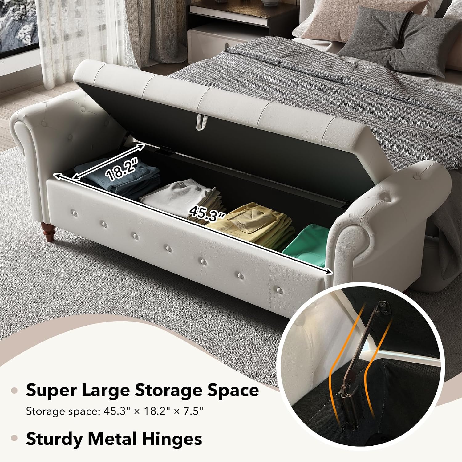 Storage Bench, End of Bed Bench with Pull Ring Design | 63" Velvet End of Bed Bench, Rolled Arm,Button Tufted Design, Large Storage Space, Wood & Metal Material, Holds 500LBS, Beige