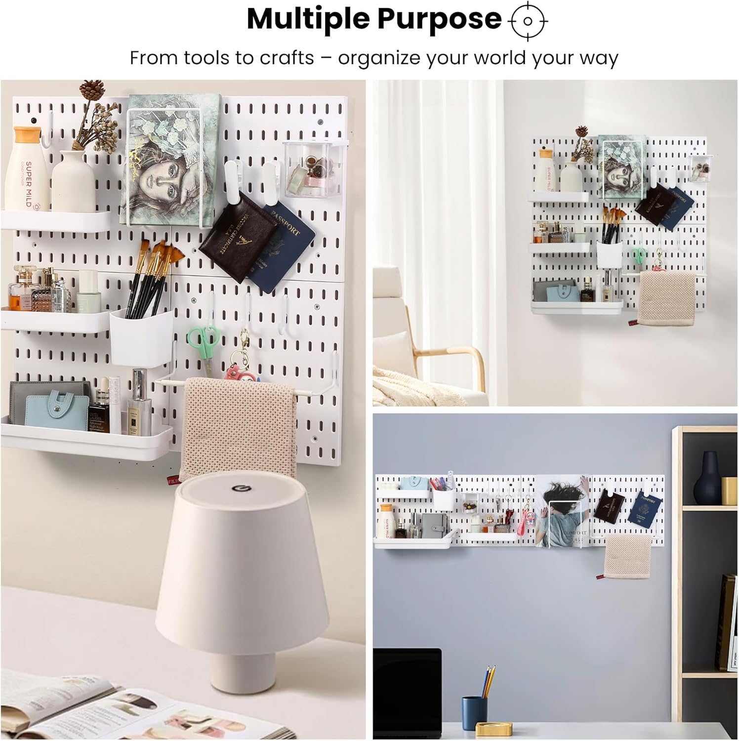 Peg board Set - 17 pcs Pegboard Kit, Includes 4 Pegboards with 13 Different Accessories, Pegboard Wall Organizer, Peg Boards for Wall Craft Room for Kitchen, Garage, Workshop, Tool Accessories | White