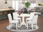 East West Furniture DLAB5-LWH-64 5 Piece Kitchen Table & Chairs Set Includes a Round Dining Room Table with Dropleaf and 4 White Faux Leather Parsons Dining Chairs, 42x42 Inch, Linen White
