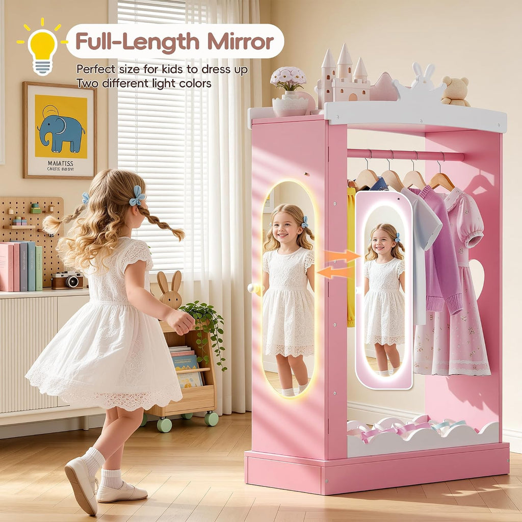 Kids Dress Up Wardrobe with Light-Up Full-Length Mirror & Jewelry Cabinet, Wooden Princess Pretend Play Armoire Closet with Crown Top and Storage for Girls Room (Pink)