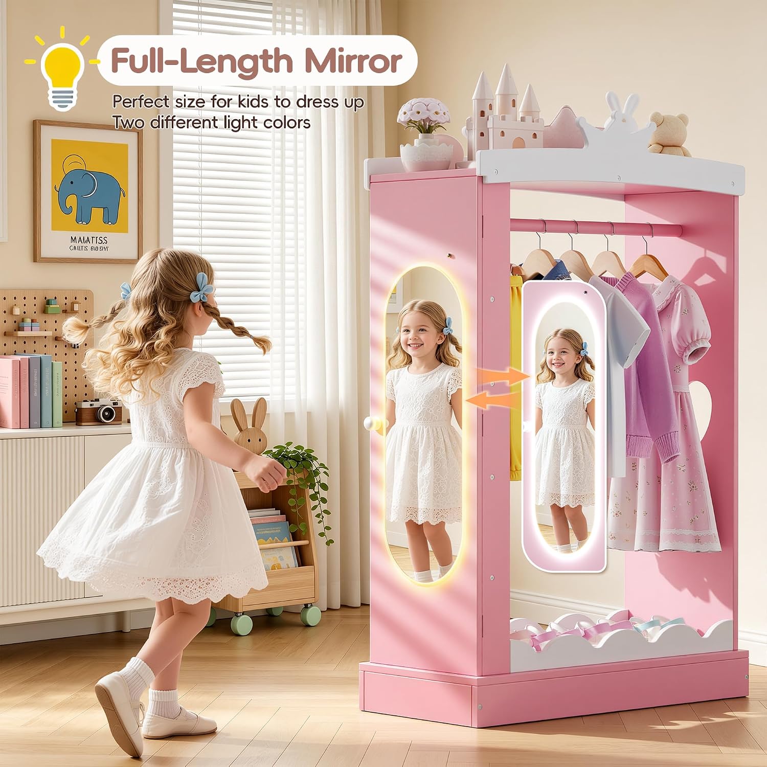 Kids Dress Up Wardrobe with Light-Up Full-Length Mirror & Jewelry Cabinet, Wooden Princess Pretend Play Armoire Closet with Crown Top and Storage for Girls Room (Pink)