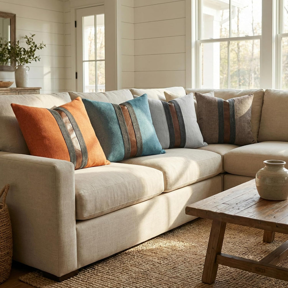 Set of 2 Leather Throw Pillow Covers Cotton Linen Decor Patchwork Pillow Cove...
