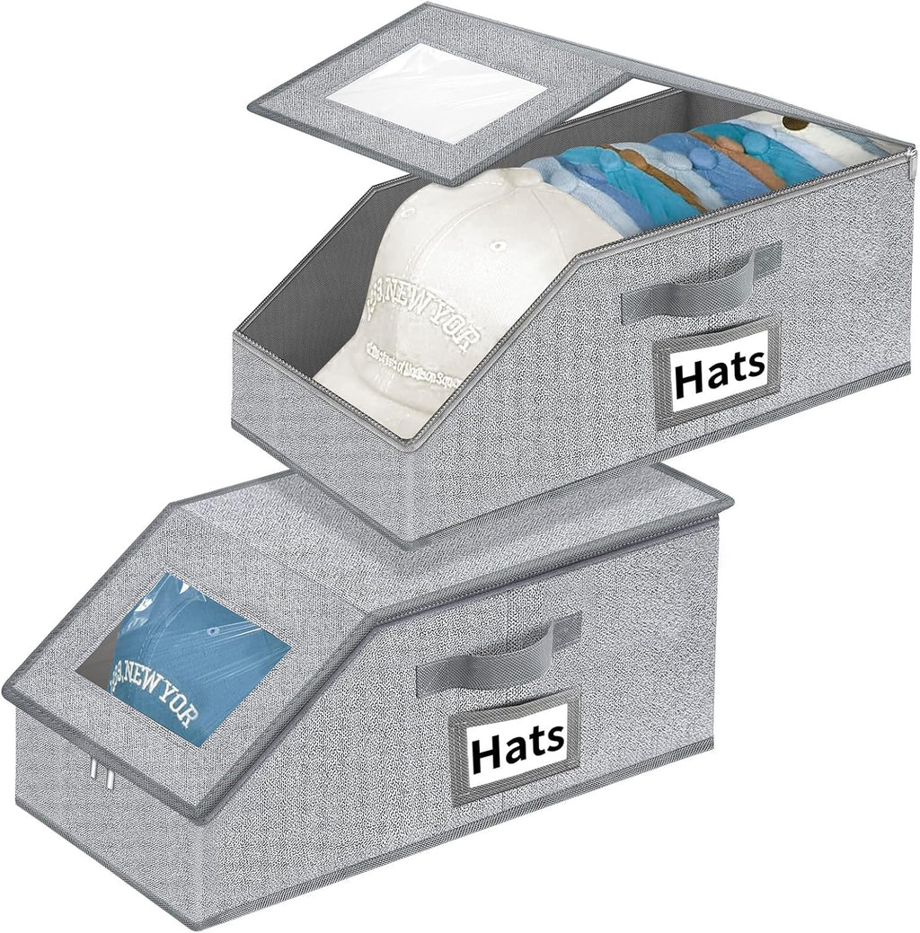 Aokeyee Hat Organizer for Baseball Caps - 2PCS Stackable Storage with Clear Window Lid, Flip-Top Access, Space-Saving Hat Box for Closet, Breathable Fabric (Grey)