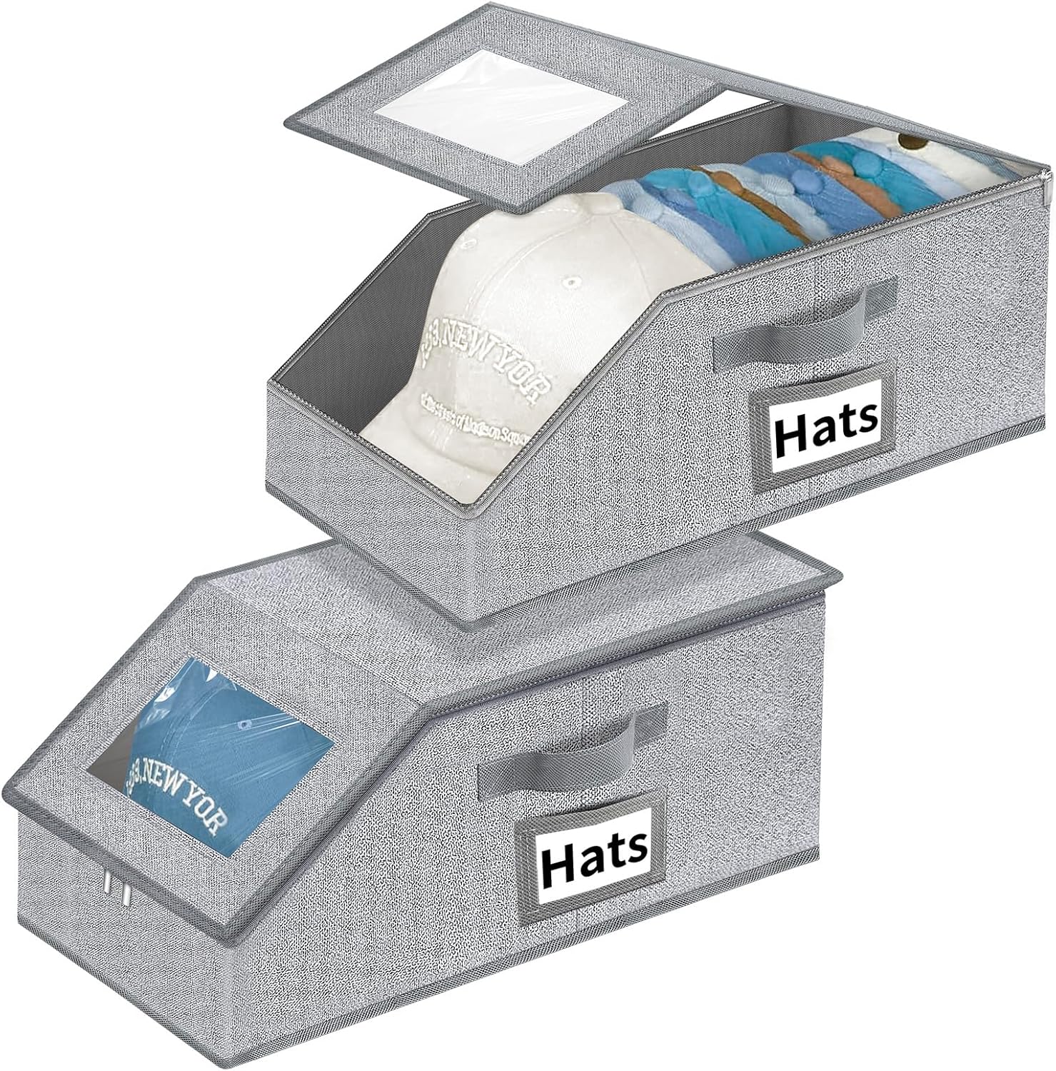 Aokeyee Hat Organizer for Baseball Caps - 2PCS Stackable Storage with Clear Window Lid, Flip-Top Access, Space-Saving Hat Box for Closet, Breathable Fabric (Grey)