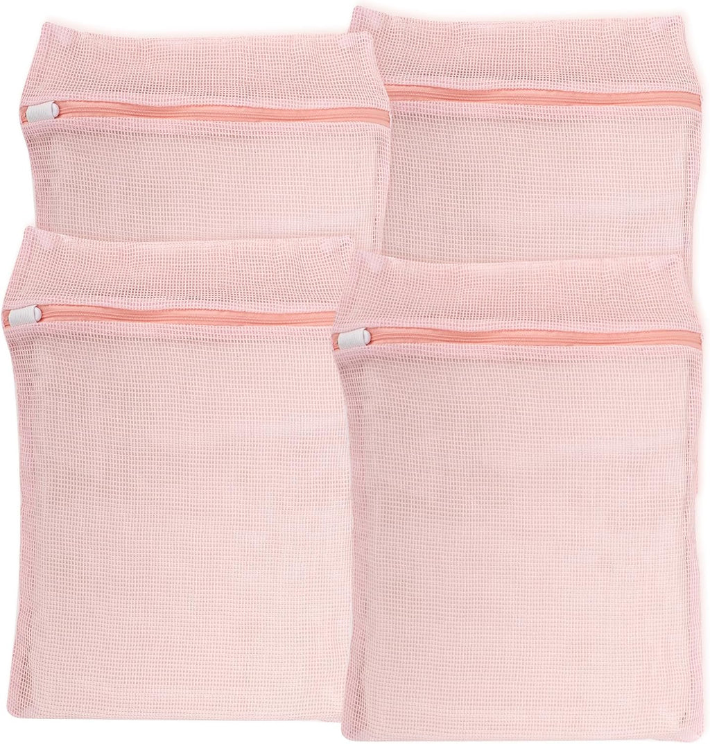 4-Piece Pink Medium Durable Organic Cotton Mesh Laundry Bags with Sturdy Zippers and Breathable Mesh are Delicate Laundry Bags for Underwear, Clothes, Pants and Socks