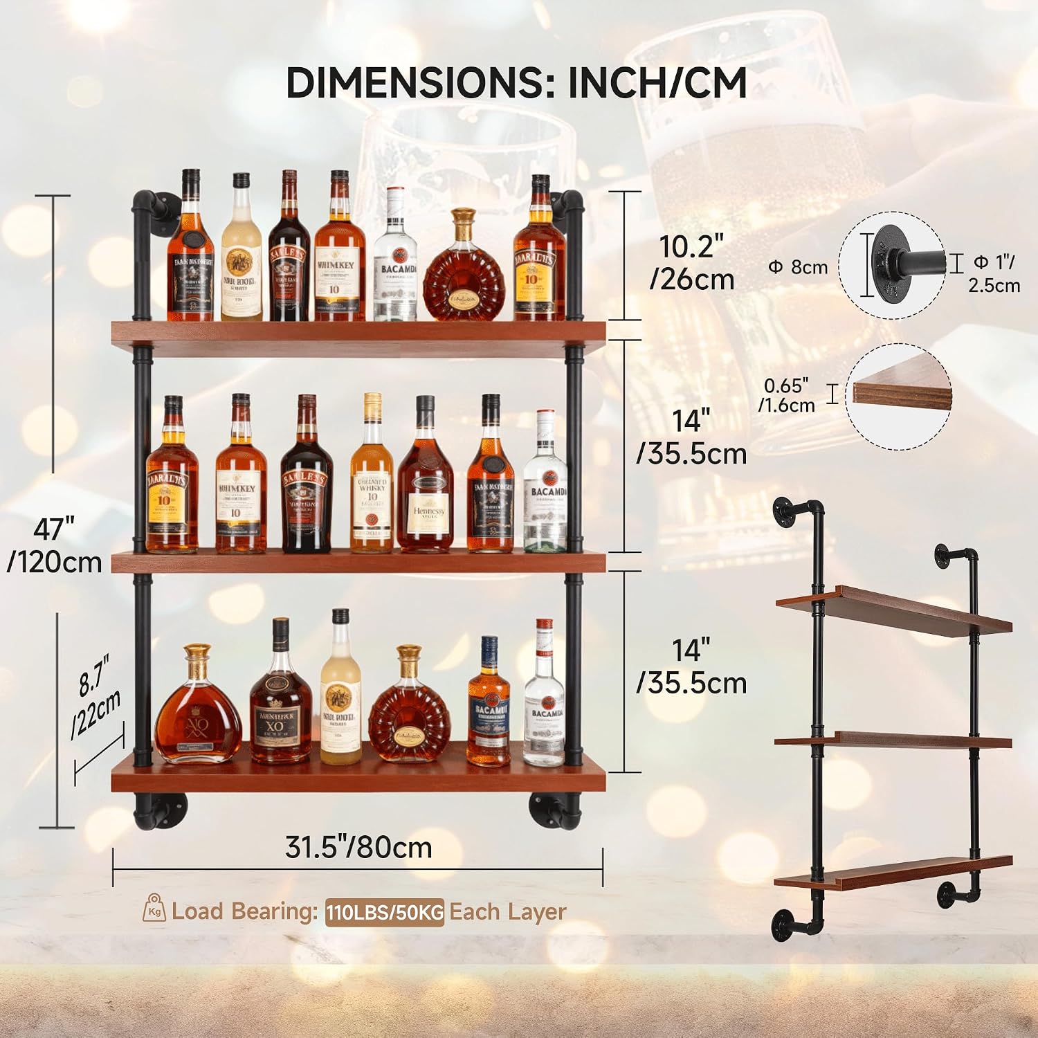 32" Wine Rack Wall Mounted with LED Lights, 3-Tiers Wall Bar Shelves | Solid Wood, Rustic Industrial Pipe Floating Shelves for Home, Restaurant, Commercial Bar, Kitchen Storage Display