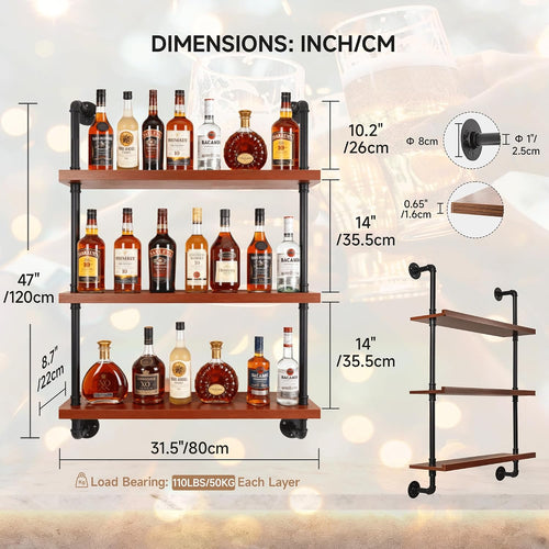 32" Wine Rack Wall Mounted with LED Lights, 3-Tiers Wall Bar Shelves | Solid Wood, Rustic Industrial Pipe Floating Shelves for Home, Restaurant, Commercial Bar, Kitchen Storage Display