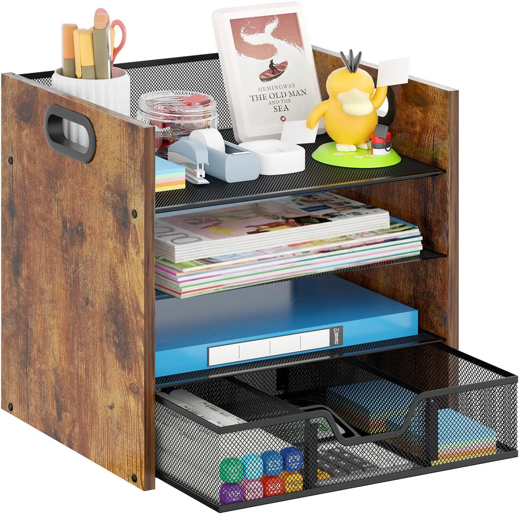 Wood Desk Organizer - 4-Tier Desktop File Organizer with Drawer, Wooden Paper Tray, Office Desk Organizer for Papers, Mail, Notebooks, Stationery