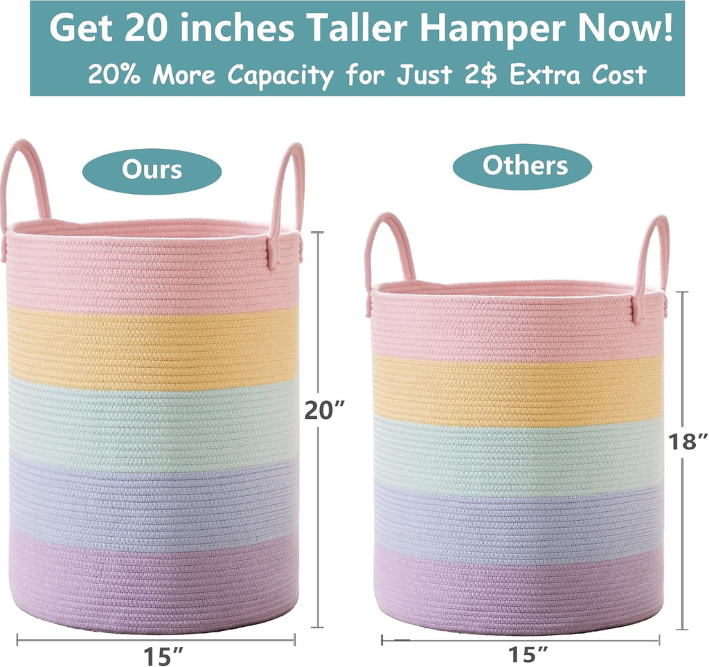 Large Rainbow Hamper Laundry Basket for Baby Girls Kids Nursery | 60L Pastel Unicorn Woven Clothes Hamper Tall Blanket Basket in Playroom Bedroom 15Dx20H inches