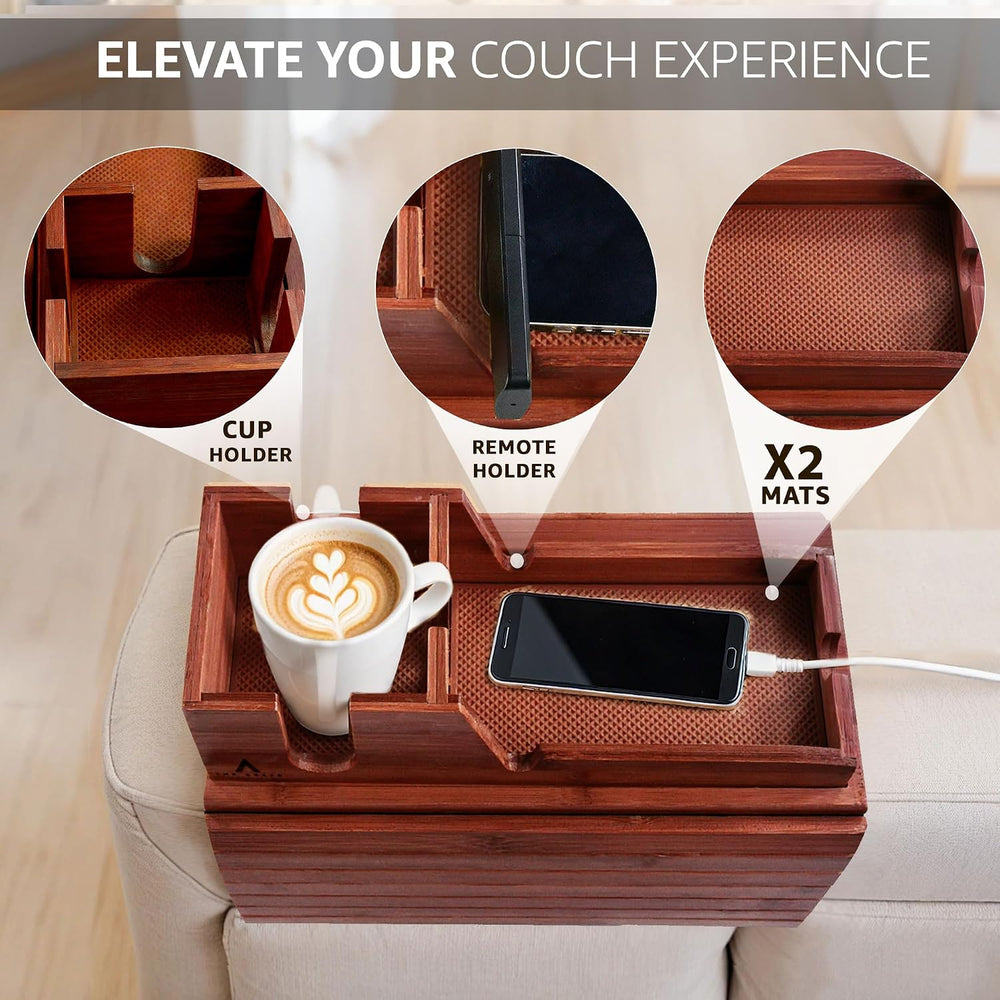 Brown Bamboo Couch Arm Tray with Non-Slip Mats, Slide-Away Upper Tray, Adjust...