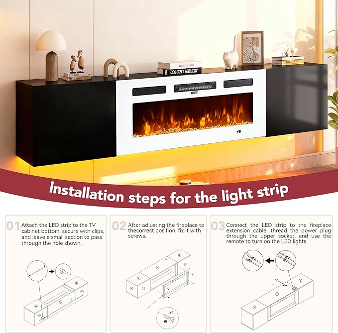 MXV 70'' Floating TV Stand, Modern Media Entertainment Center with 36" Electric Fireplace, TV Console Cabinet Wall Mounted, Adjustable 12-Color LED Lights, for Living Room, Black + White