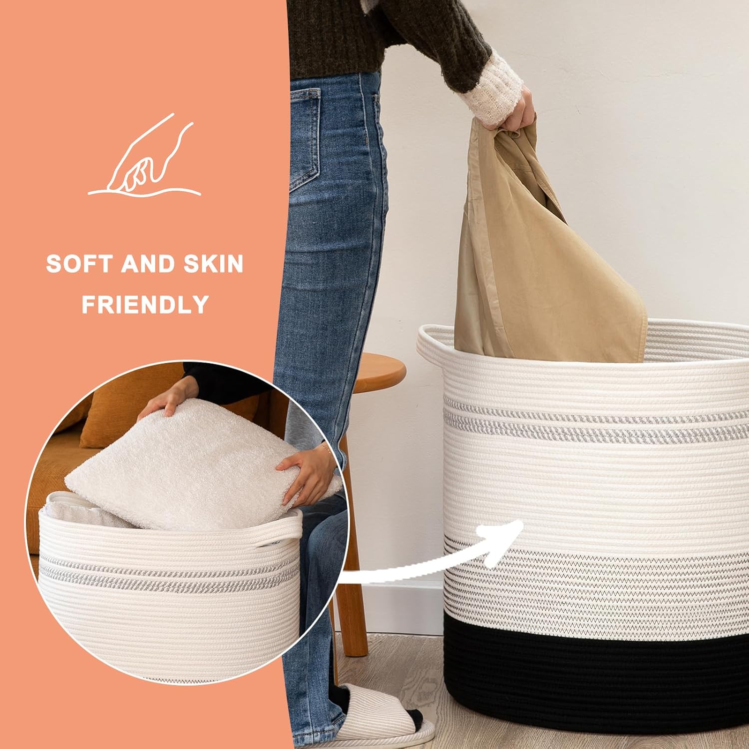 OIAHOMY 80L Laundry Hamper,Storage Basket with Handles,Decorative Basket for Living room,Woven Storage Basket for Toys Bin,Pillows, Blankets,Clothes-20x18in-Gradient Dark