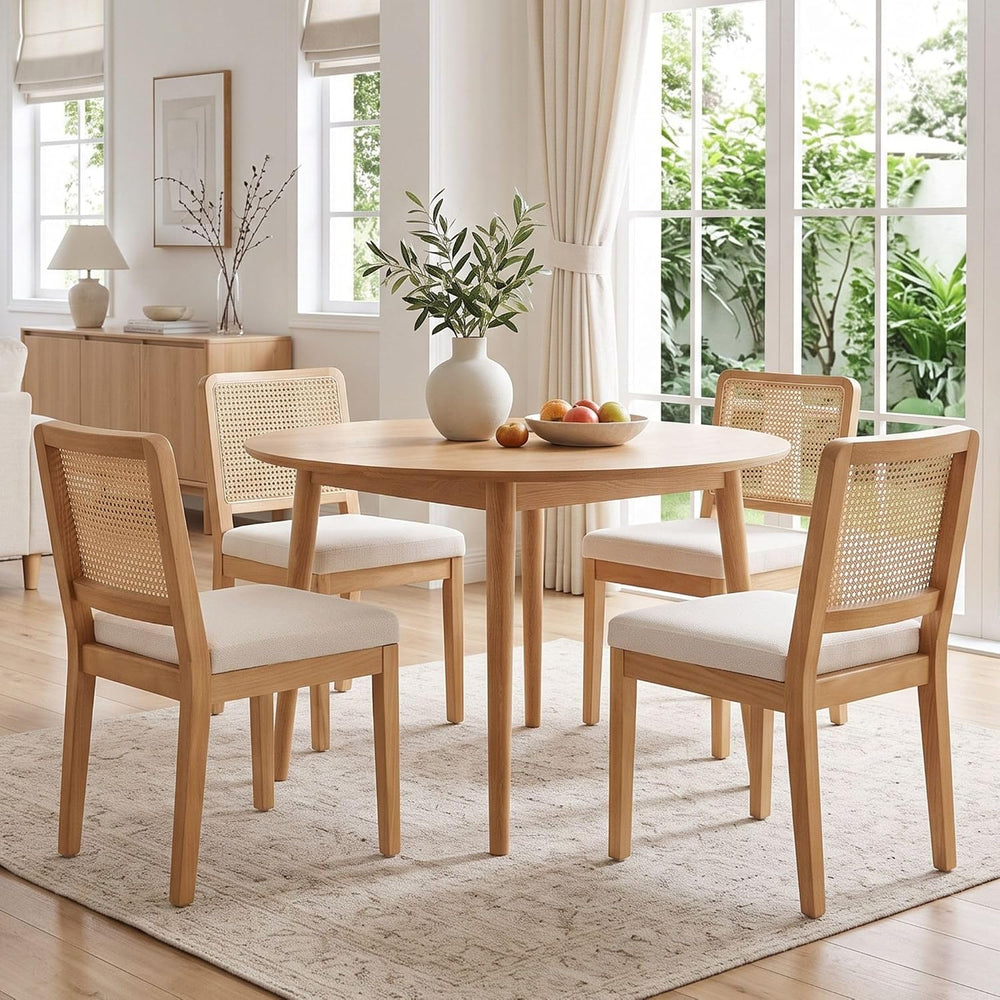 HNY Modern Farmhouse Rattan Dining Chairs Set of 4 Beige Chenille Upholstered...