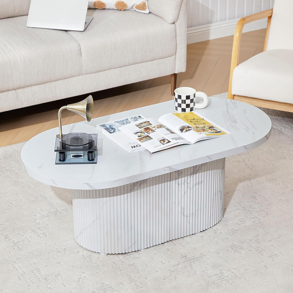 Modern 42.5" Oval Faux Marble Coffee Table, White Fluted Textured Base L...