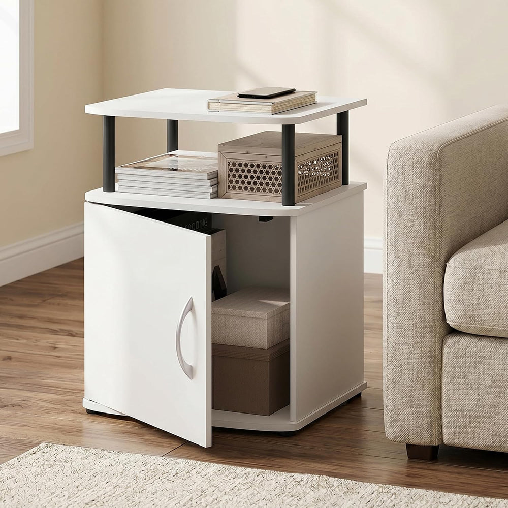 2-Tier Open Shelf Modern End Table with Door Cabinet, Soft-Edges Bedside Tabl...