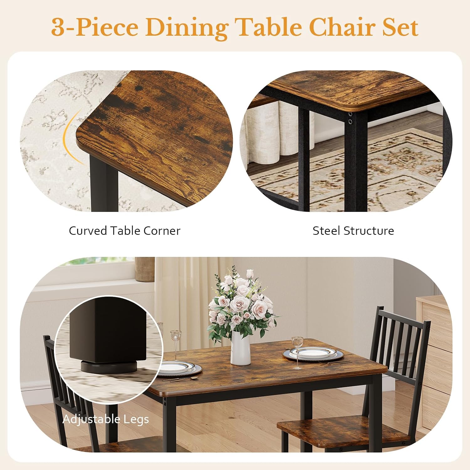 Rovibek 3 Piece Dining Table Set for 2 with Steel Frame & Adjustable Feet, Small Kitchen Table with 2 Chairs, Modern Breakfast Nook Dinette for Small Space, Industrial Farmhouse Brown