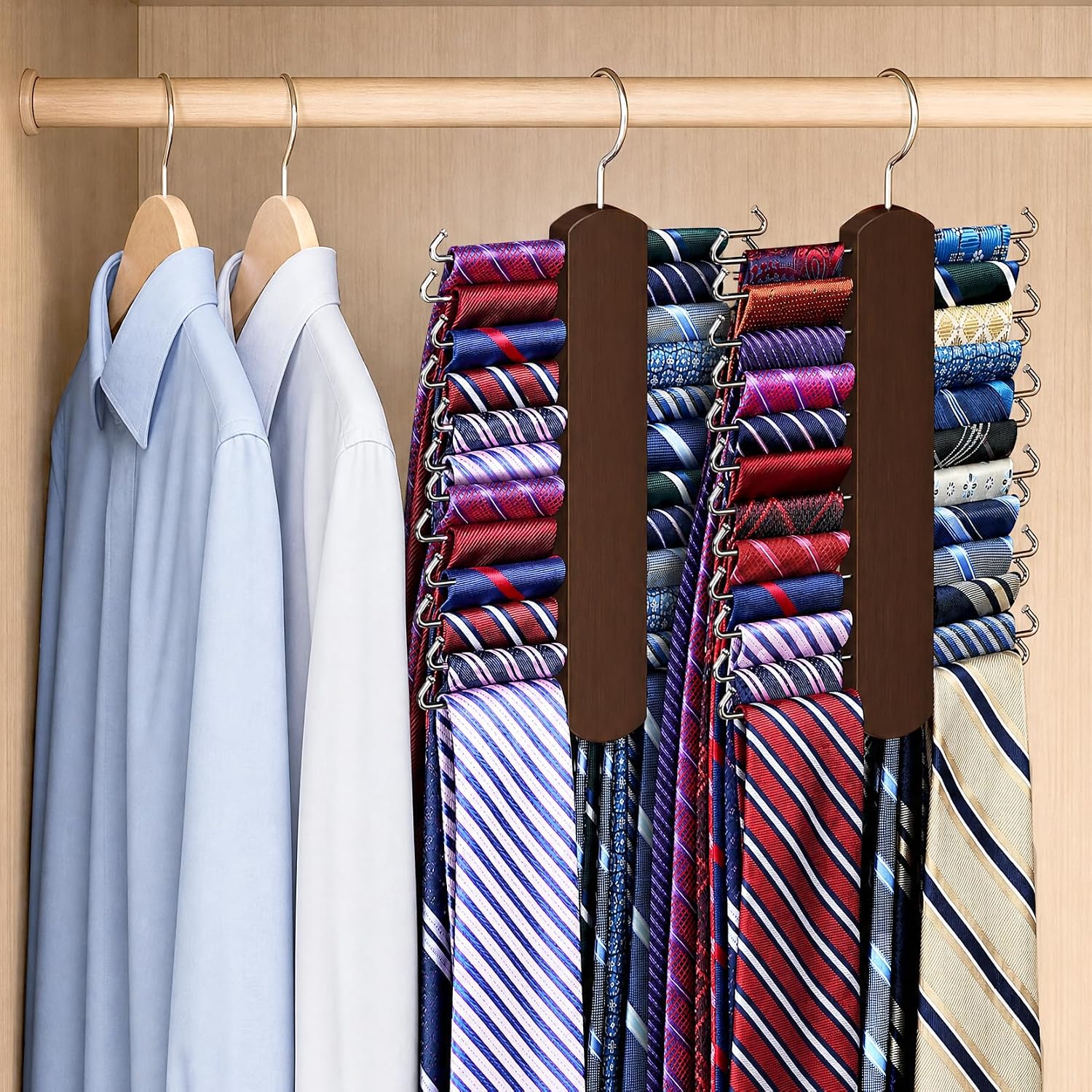 Tie Rack with 48 Hooks, Large Capacity Tie Hanger for Closet Organizers and Storage,Space Saving Wooden Necktie Hanger Ties Organizer for Men - 2 Pack
