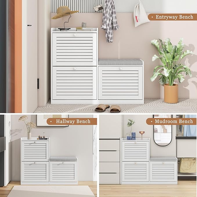 Shoe Bench with 3 Flip Drawers, Entryway Storage Bench with Cushion, Adjustable Shelves, Shoe Cabinet with Storage Space for Entryway, Living Room, Hallway, Mudroom, Bedroom, White